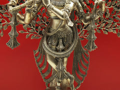 Indian Lord Krishna Playing Flute Under a Tree Brass Statue
