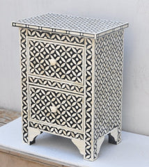 Maaya Bone Inlay Bedside Cabinet Table Black Geometric