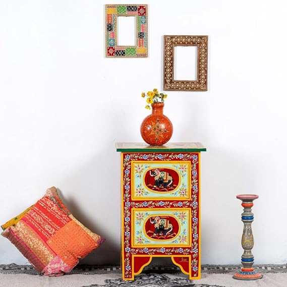 Pandora Hand Painted Indian Solid Wood Bedside Table Multicolour