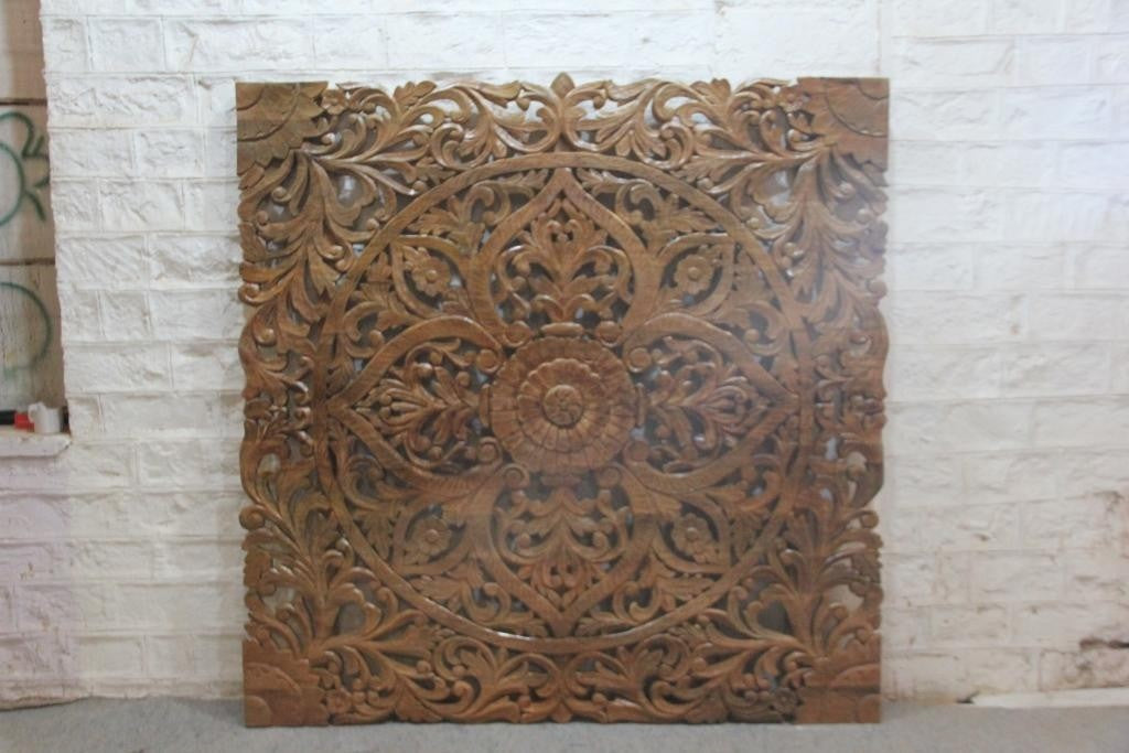 Dynasty Carved Wooden Wall Panel Bed Head Board Bedhead Natural