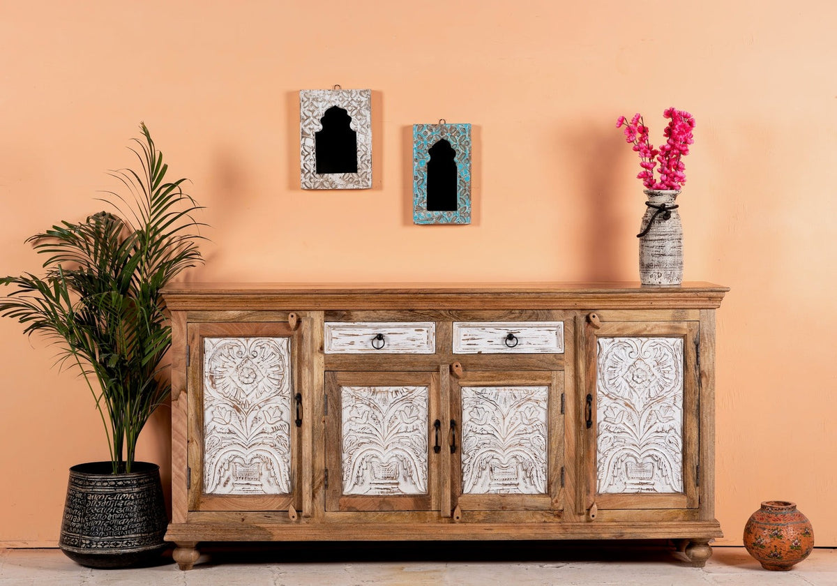 Kalah Hand Carved Solid Wooden Sideboard Buffet Natural 90x180x40cm KLA0154  -  