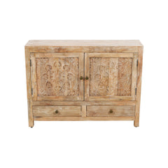 Indian Handmade Solid Wood 2 Drawers & Door Carved Cabinet
