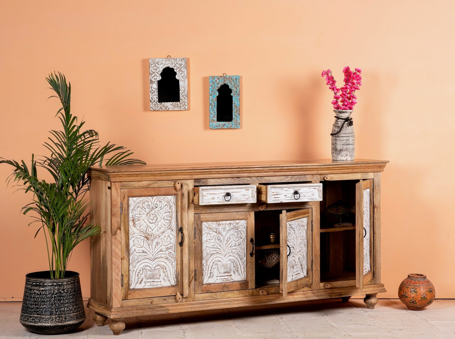 Kalah Hand Carved Solid Wooden Sideboard Buffet Natural 90x180x40cm KLA0154  -  