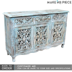 Jali Hand Carved Solid wood sideboard Rustic Blue