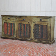 Rainbow Reclaimed Wood Carved Panel Solid Large Sideboard Buffet