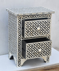 Maaya Bone Inlay Bedside Cabinet Table Black Geometric