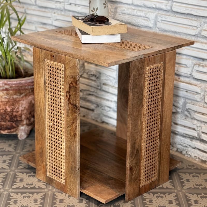 Handmade Indian Hand Carved Solid Hard Wood Zephyr End Table Natural