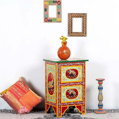 Pandora Hand Painted Indian Solid Wood Bedside Table Multicolour