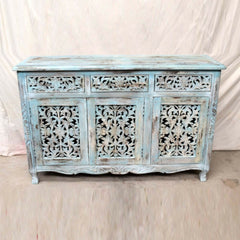 Jali Hand Carved Solid wood sideboard Rustic Blue