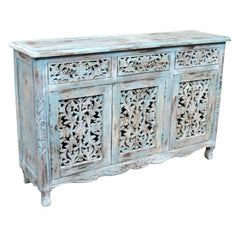 Jali Hand Carved Solid wood sideboard Rustic Blue