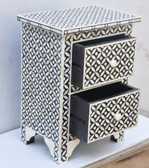 Maaya Bone Inlay Bedside Cabinet Table Black Geometric