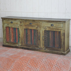 Rainbow Reclaimed Wood Carved Panel Solid Large Sideboard Buffet