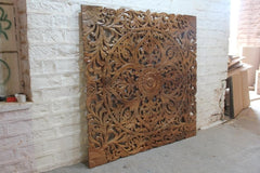 Dynasty Carved Wooden Wall Panel Bed Head Board Bedhead Natural