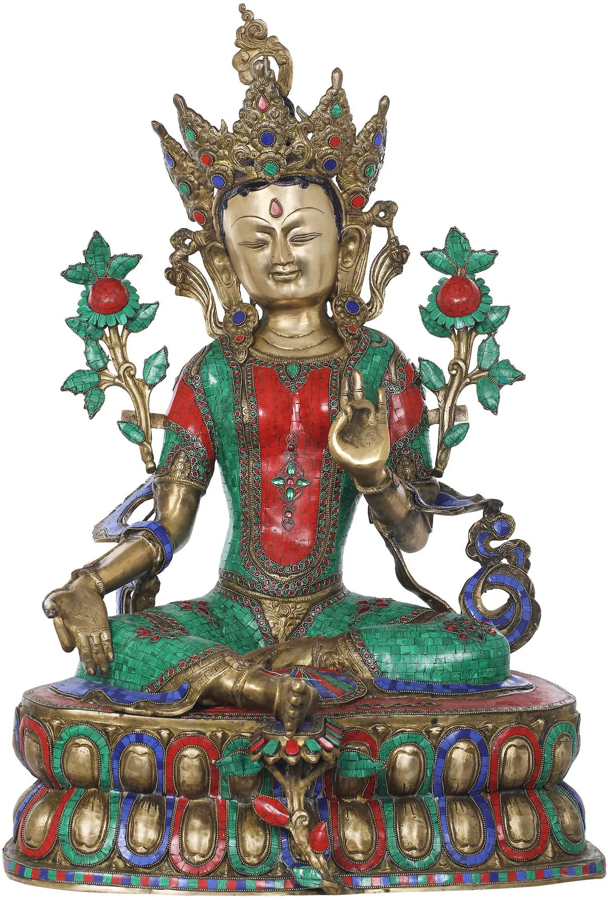Indian Brass Tibetan Buddhist Buddha In Brass Statue With Inlay Work