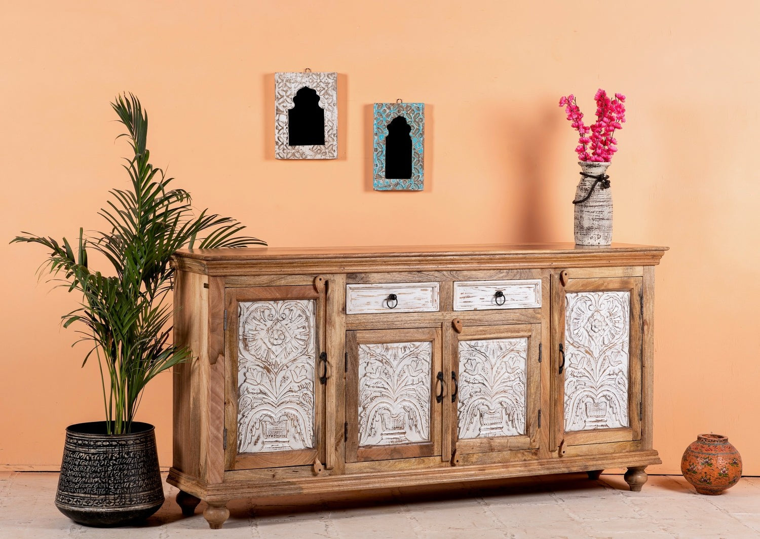 Kalah Hand Carved Solid Wooden Sideboard Buffet Natural 90x180x40cm KLA0154  -  