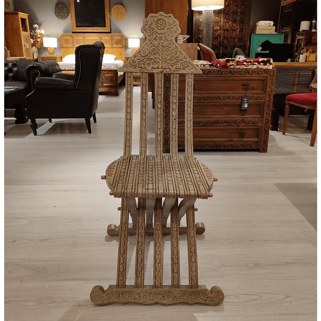 Antique Indian Hand Carved Solid Wood Foldable Chair 01