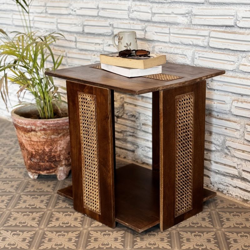 Handmade Indian Hand Carved Solid Hard Wood Zephyr End Table Walnut