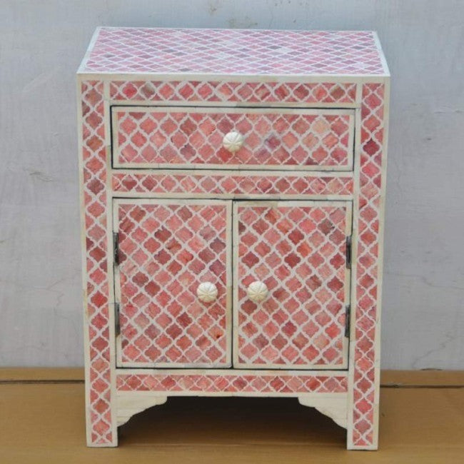 Maaya Bone Inlay Bedside Cabinet Table Pink Geometric