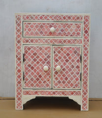 Maaya Bone Inlay Bedside Cabinet Table Pink Geometric