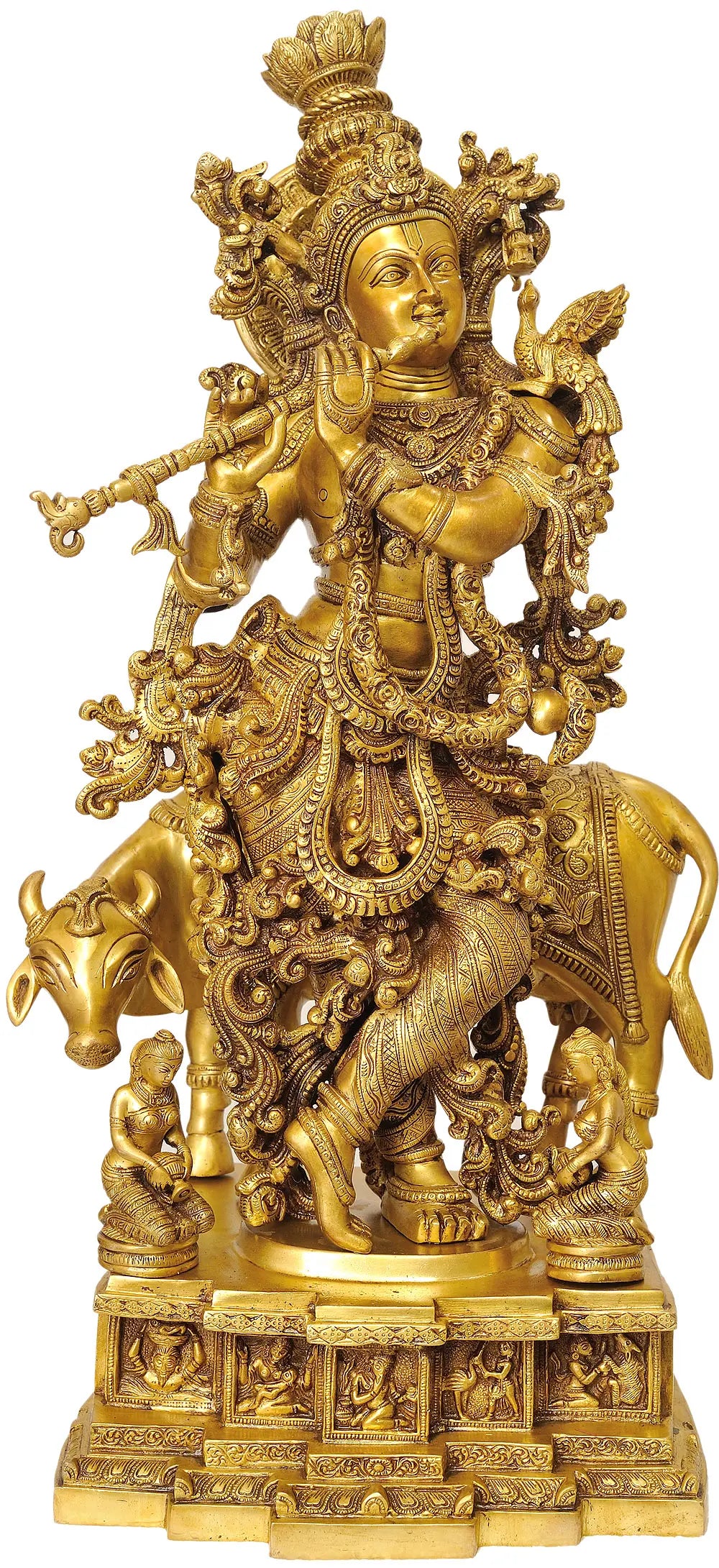 Indian Lord Krishna Playing Flute Brass Statue