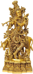 Indian Lord Krishna Playing Flute Brass Statue