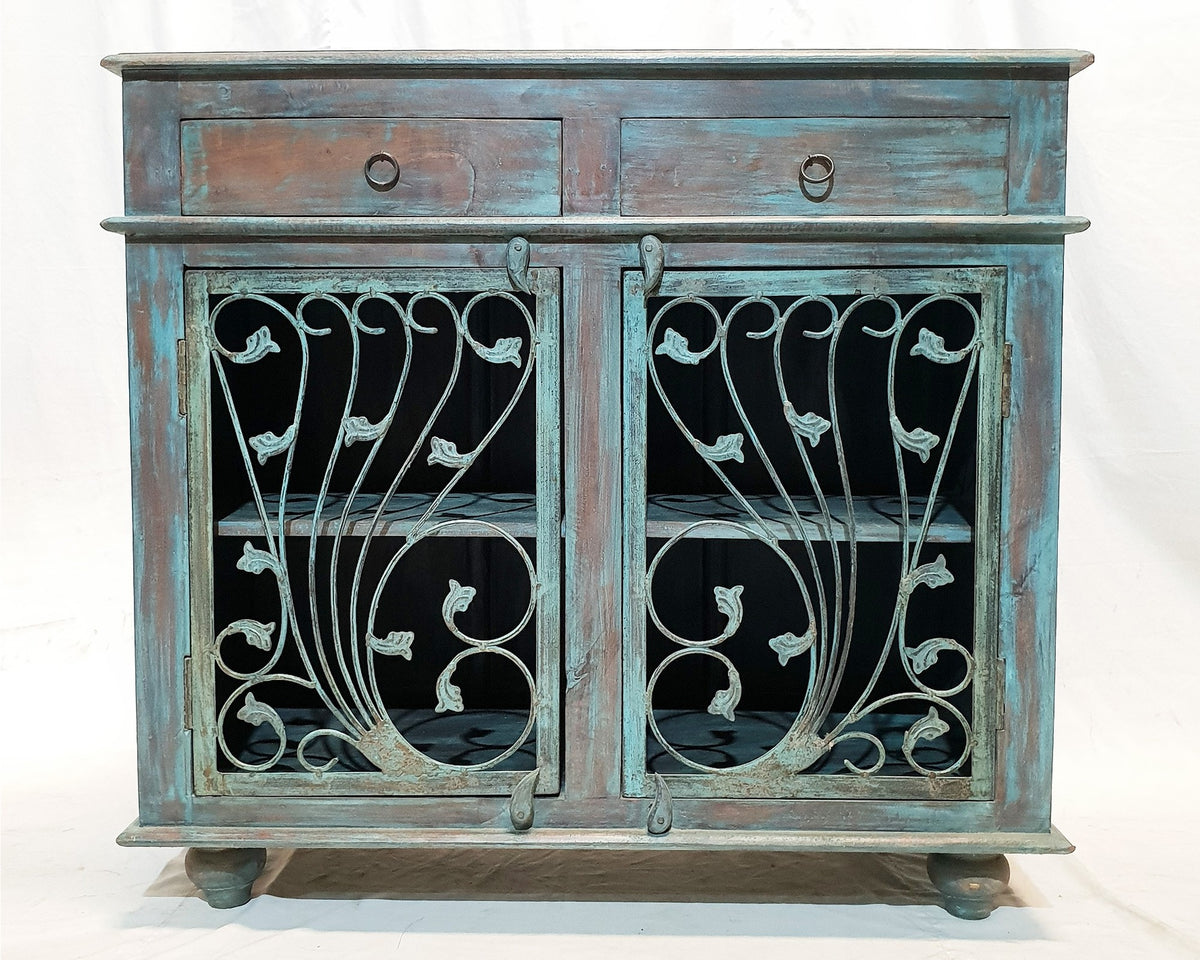 Indian Metal Jali carved small buffet sideboard vanity BLUE GREEN 100x45x90cm