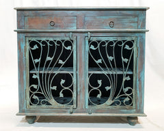 Indian Metal Jali carved small buffet sideboard vanity BLUE GREEN 100x45x90cm