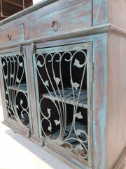 Indian Metal Jali carved small buffet sideboard vanity BLUE GREEN 100x45x90cm