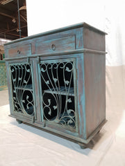 Indian Metal Jali carved small buffet sideboard vanity BLUE GREEN 100x45x90cm