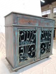 Indian Metal Jali carved small buffet sideboard vanity BLUE GREEN 100x45x90cm