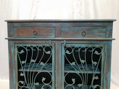 Indian Metal Jali carved small buffet sideboard vanity BLUE GREEN 100x45x90cm
