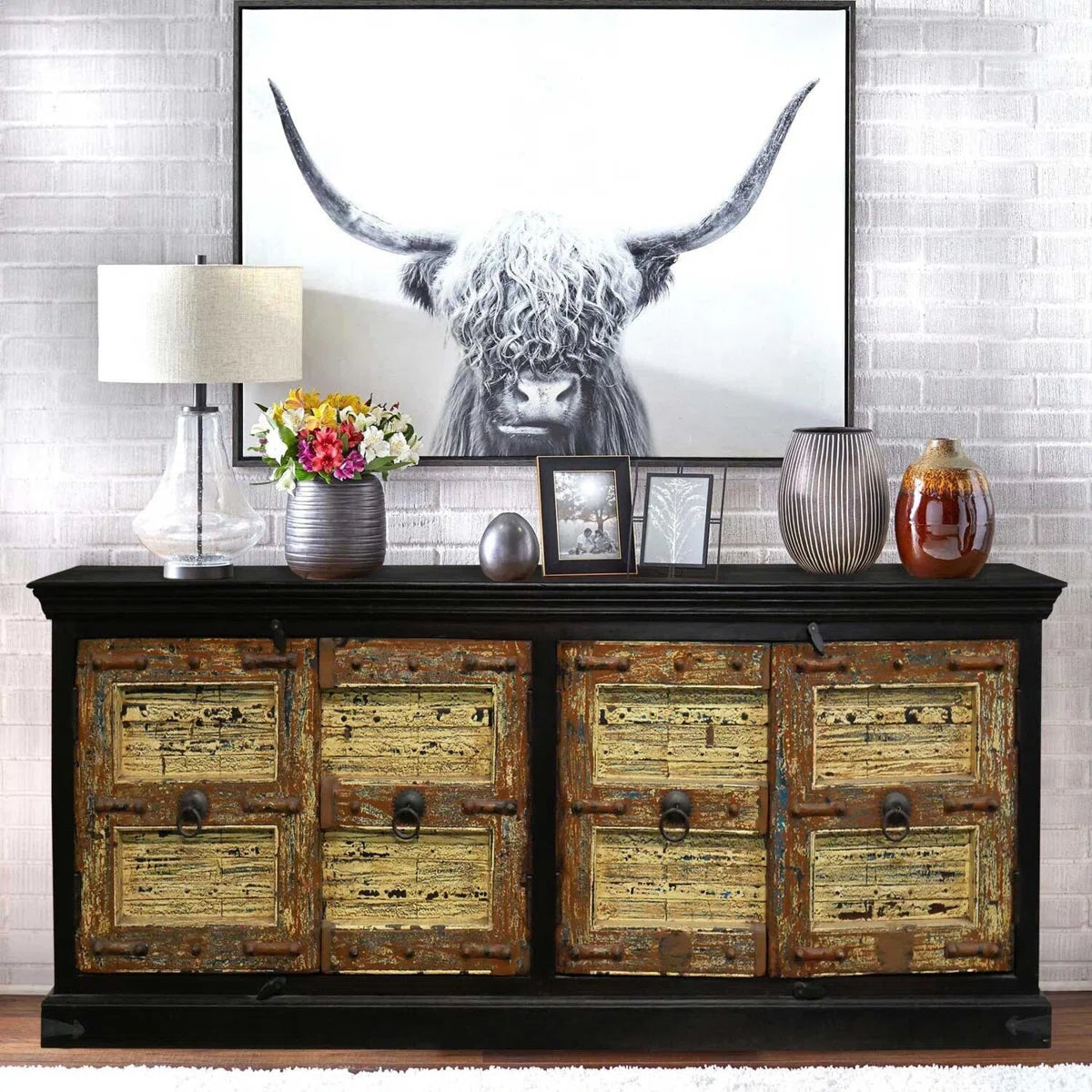 Indian Antique Old Door Rustic Solid Wood Sideboard