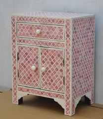 Maaya Bone Inlay Bedside Cabinet Table Pink Geometric