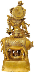 Indian Lord Krishna Playing Flute Brass Statue