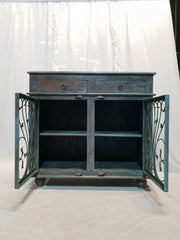 Indian Metal Jali carved small buffet sideboard vanity BLUE GREEN 100x45x90cm