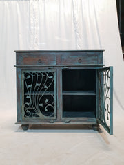 Indian Metal Jali carved small buffet sideboard vanity BLUE GREEN 100x45x90cm