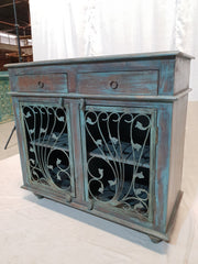 Indian Metal Jali carved small buffet sideboard vanity BLUE GREEN 100x45x90cm