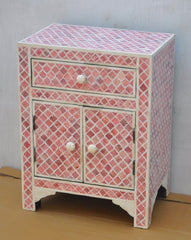 Maaya Bone Inlay Bedside Cabinet Table Pink Geometric