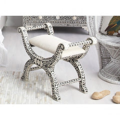 Maaya Bone Inlay Seating Chair White Black Floral Pattern