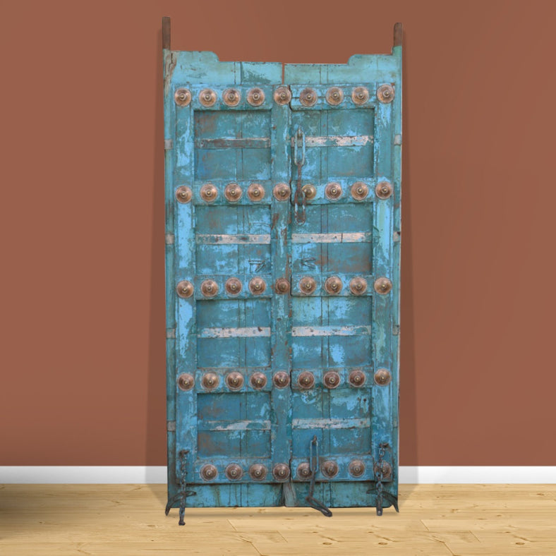 Indian Vintage Antique Hand Carved Reclaimed Wood Brass Work Door 95