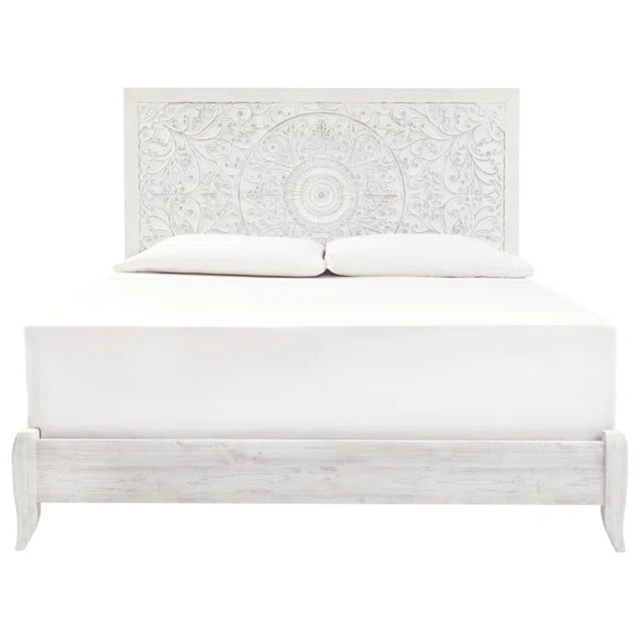 Urban Loft Handmade Solid Mango Wood Carved Bed Frame White