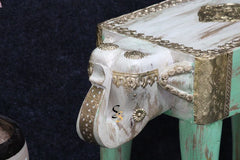 Vintage Hand Carved Elephant Solid Wood & Brass Work Side Table 47