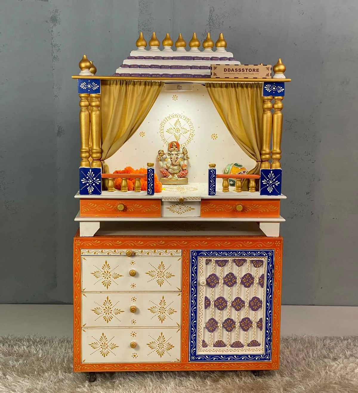 Medium Sized Handmade Polish MDF & Sheesham Wood Home Temple In White