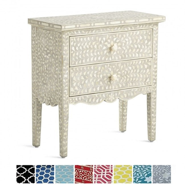 Maaya Bone inlay White Floral 2 Drawer Bedside Lamp Table