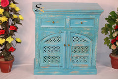 Indian Hand Carved Solid Wood Cabinet Light Blue D135
