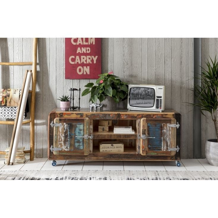 Cromer Retro style Reclaimed Wood TV Stand Entertainment Unit on wheels 1.35m