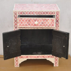 Maaya Bone Inlay Bedside Cabinet Table Pink Geometric