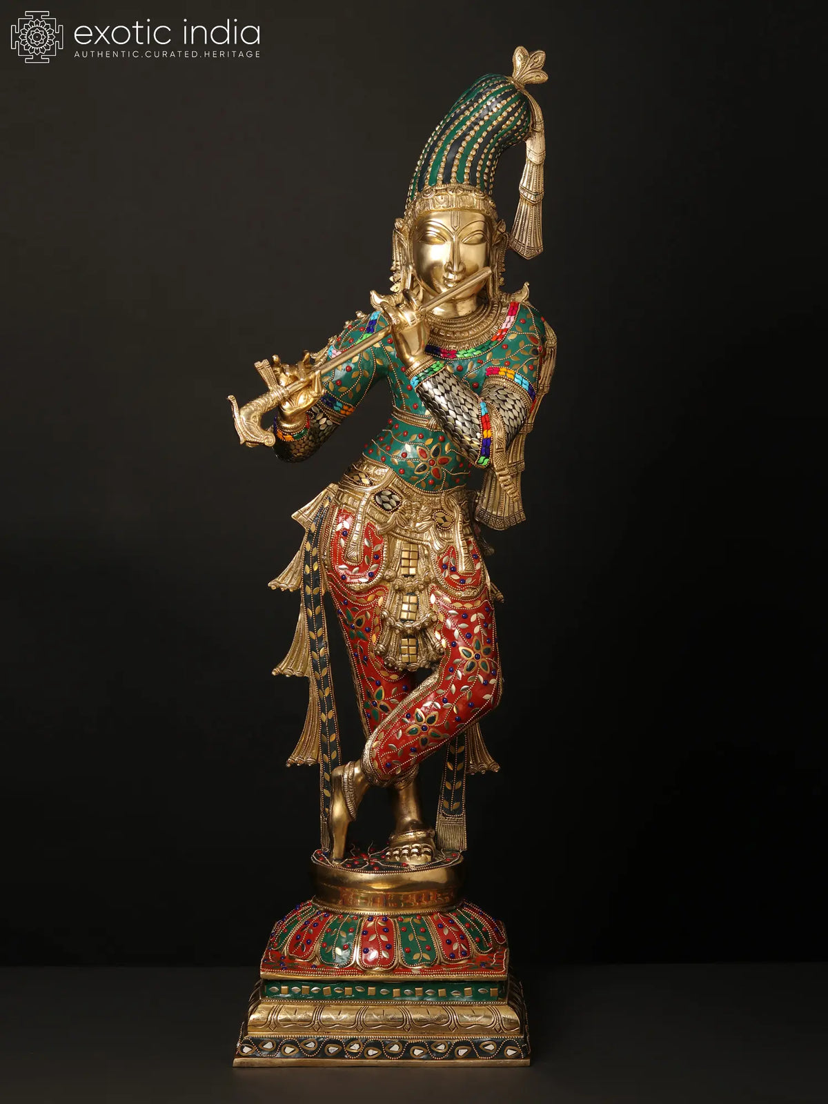 Indian Lord Krishna Playing Flute Brass Statue With Inlay Work