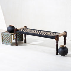 Indian Solid Wood Handmade Jute & Black Rope Bench Charpai Khat Manjhi Woven Charpai Daybed