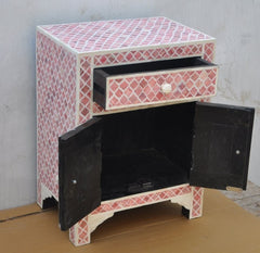 Maaya Bone Inlay Bedside Cabinet Table Pink Geometric